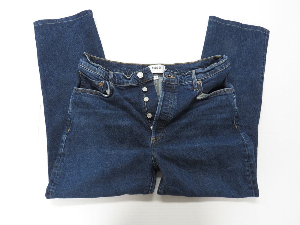 AGOLDE Women's 31 Denim Blue Jeans Riley Long Organic Cotton Blend Straight Leg